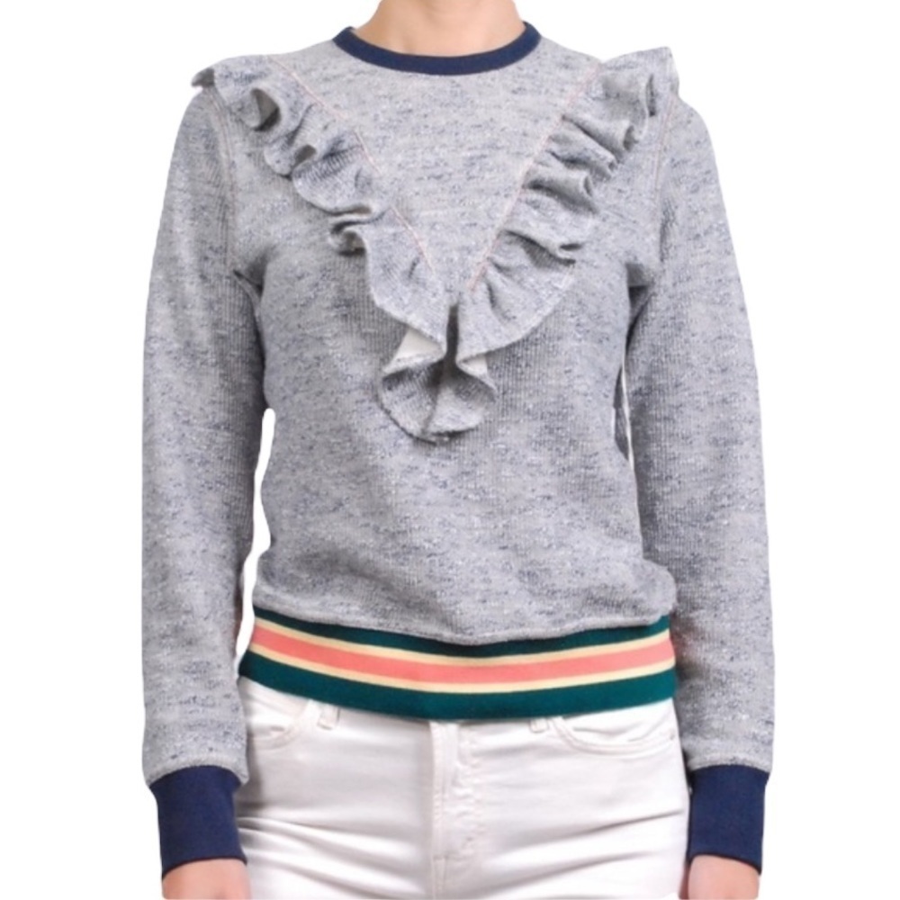 Warm L’s Ruffle Cotton Gray Stripe Sweater Small